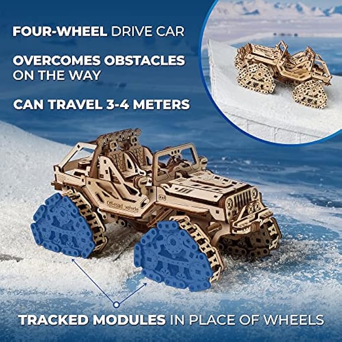 TRACKED OFF-ROAD VEHICLE - 4WD MODEL VEHICLE KITS TO BUILD - DIY 3D CAR MODEL PUZZLE WITH SPRING MOTOR, 2 DRIVING MODES, OPENABLE HOOD WITH ENGINE - 3D WOODEN PUZZLES FOR ADULTS - Image 4